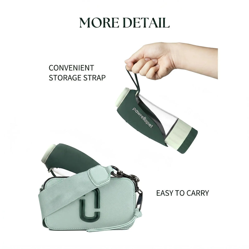 PawrellaPet 2-in-1 portable pet bottle showing convenient storage strap and easy-to-carry size in a bag. Pet travel essential.