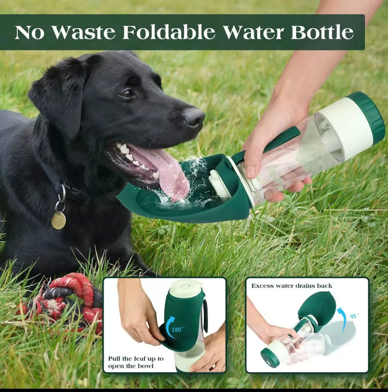 Happy black dog drinking water from PawrellaPet 2-in-1 portable pet bottle's leaf-shaped bowl outdoors. Hydration on-the-go