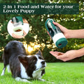 Cute border collie puppy looking at kibble in PawrellaPet 2-in-1 portable pet food dispenser. Easy feeding for travel.
