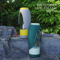 PawrellaPet 2-in-1 portable dog water bottle and food dispenser in forest green and white. Leak-proof travel bowl for pets